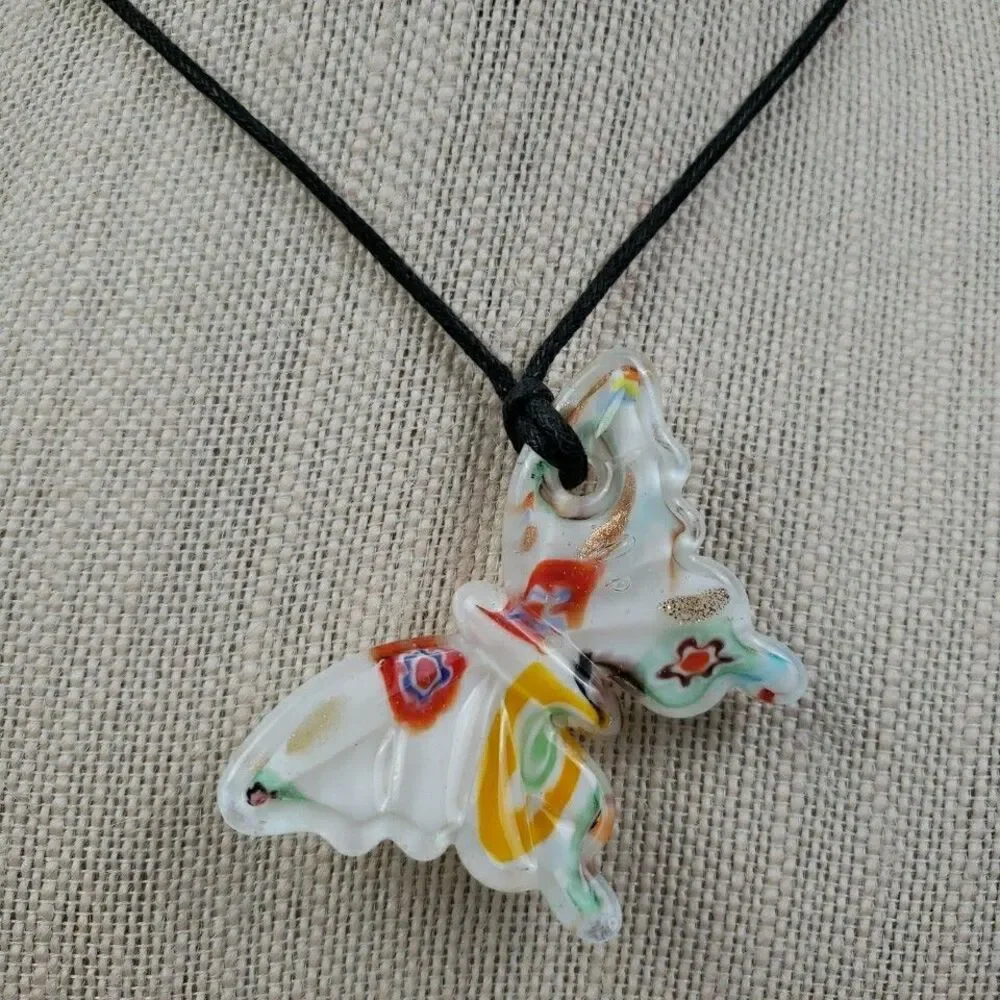 Millefiori Glass Butterfly Pendant Necklace Black Cord Artisan Gold Flecks